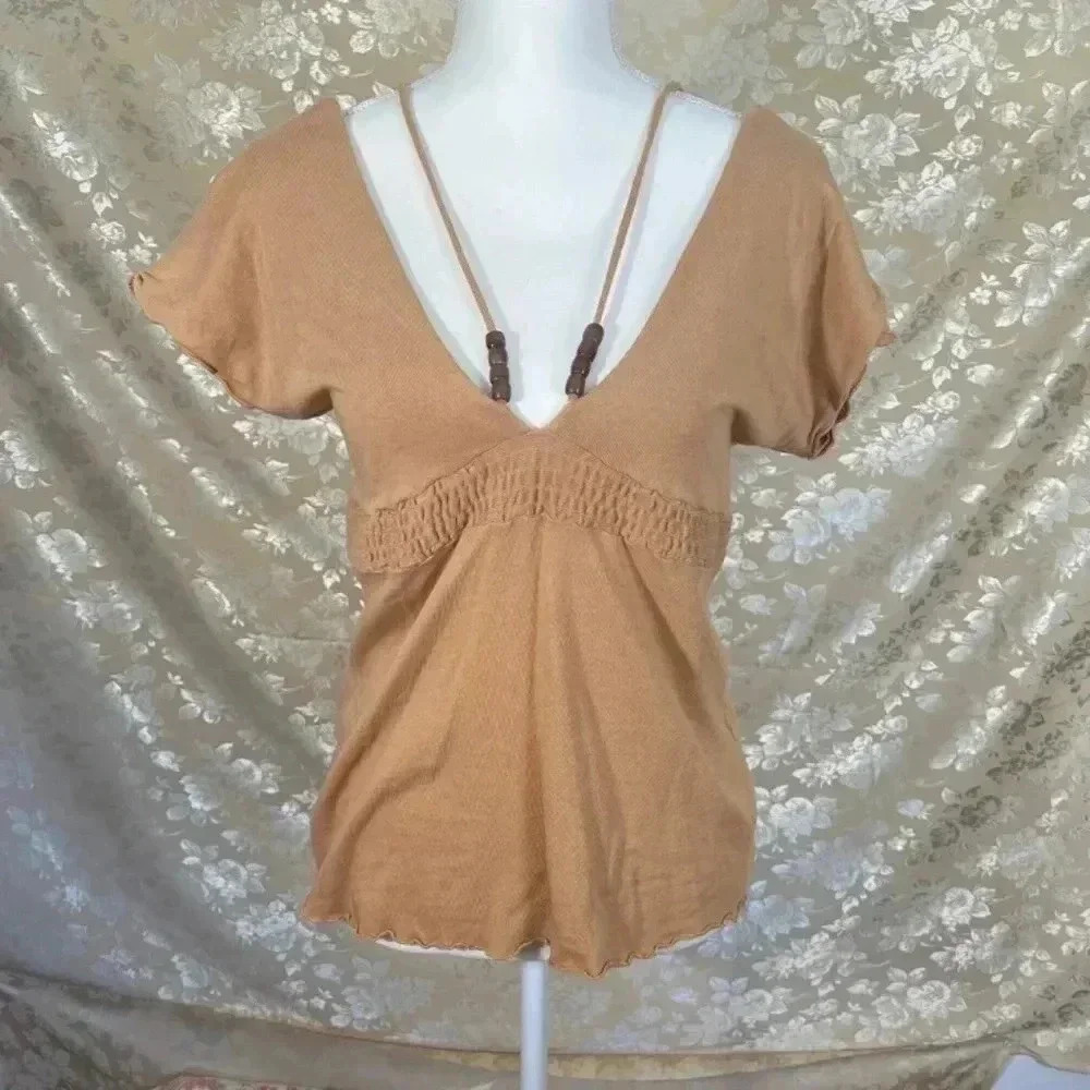Ella Moss Tan V Neck Blouse Wood Beads Knit Boho Chic Bohemian Women's Size S